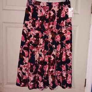 Nine West Womens Sz M Pink and Orange Floral Pleated Midi Skirt With Side Zip